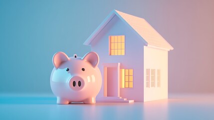 Modern Minimalistic Piggy Bank and House 3D Rendering on Soft Blue Background in Golden Hour Light