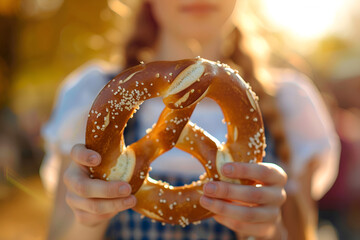 Close-up of a pretzel held by a woman at Oktoberfest under warm afternoon sunlight