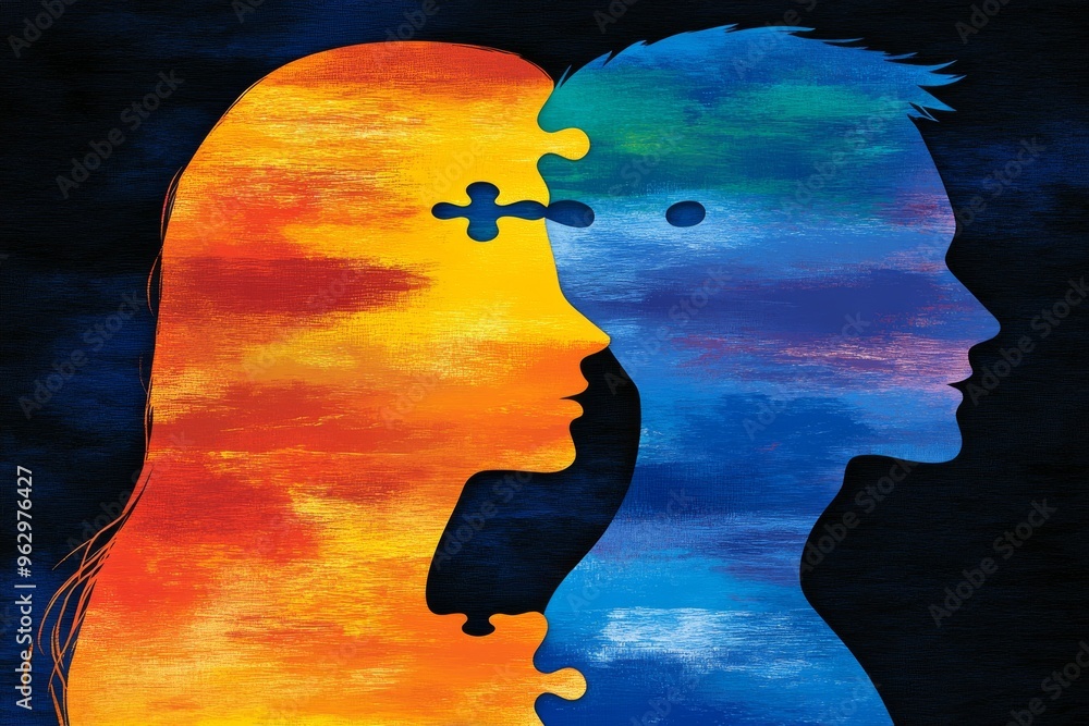 Aufkleber mental force cognitive capability vibrant silhouette of two profiles blending into sunset colors sym