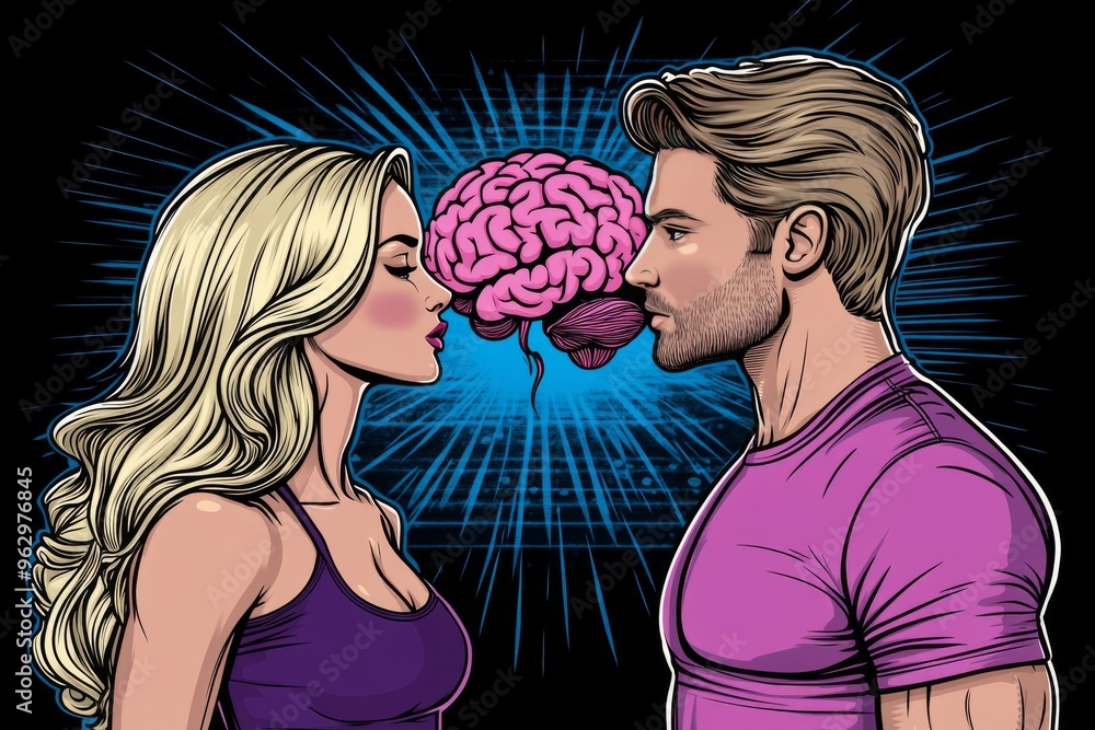 Aufkleber neural intelligence cognitive capability comic style illustration of man and woman with brain betwee
