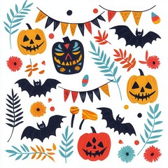Watercolor Halloween Boho Decor, A vibrant Halloween design featuring pumpkins, bats, and festive elements, perfect for seasonal decorations and themed projects. Isolate on white background set