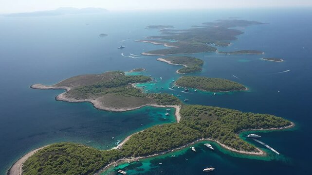 Drone view of Pakleni Otoci, Hvar, Croatia, surrounded by Adriatic Sea