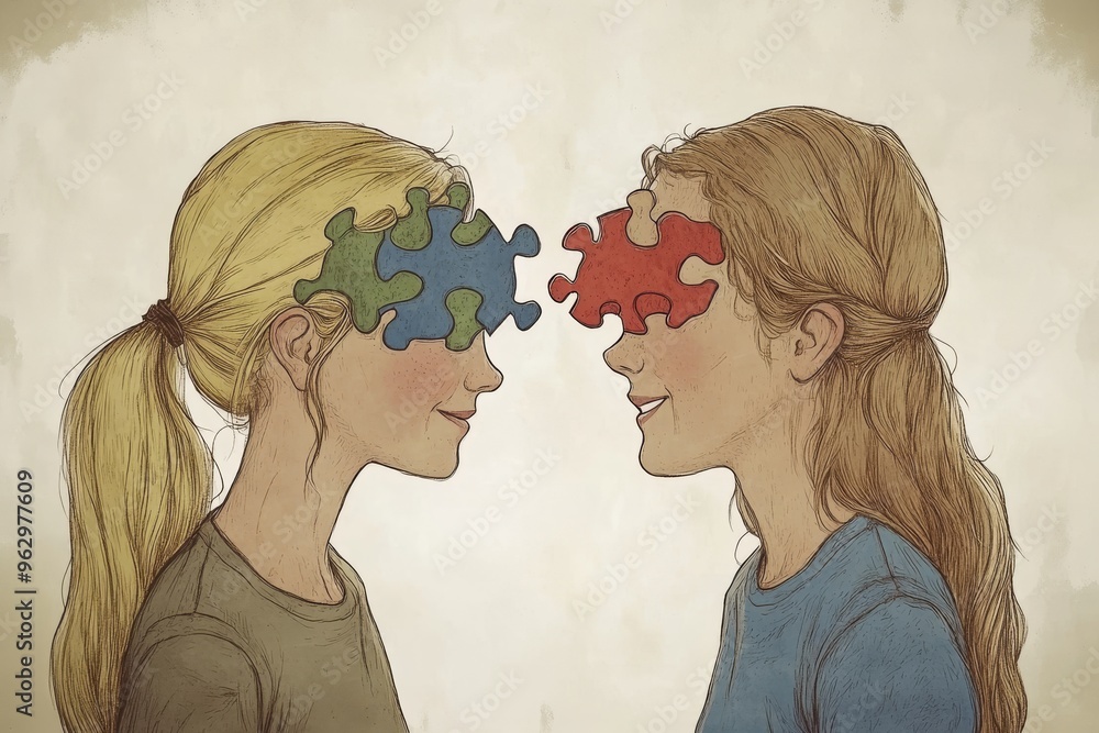 Poster neuronal power cognitive capability two women facing each other with puzzle pieces integrated into t