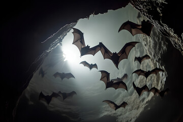 A swarm of bats emerges from a dark cave opening, flying towards a bright light in the distance.