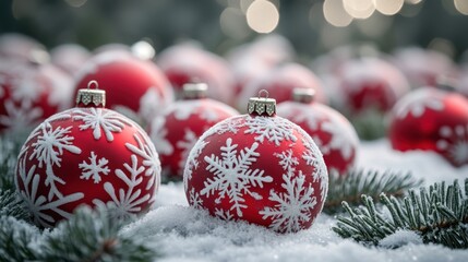 Magical Christmas Background with Red and White Ornaments, Snowflakes, and Frosty Pine Branches - Winter Holiday Decoration Scene for Greeting Cards and Festive Designs