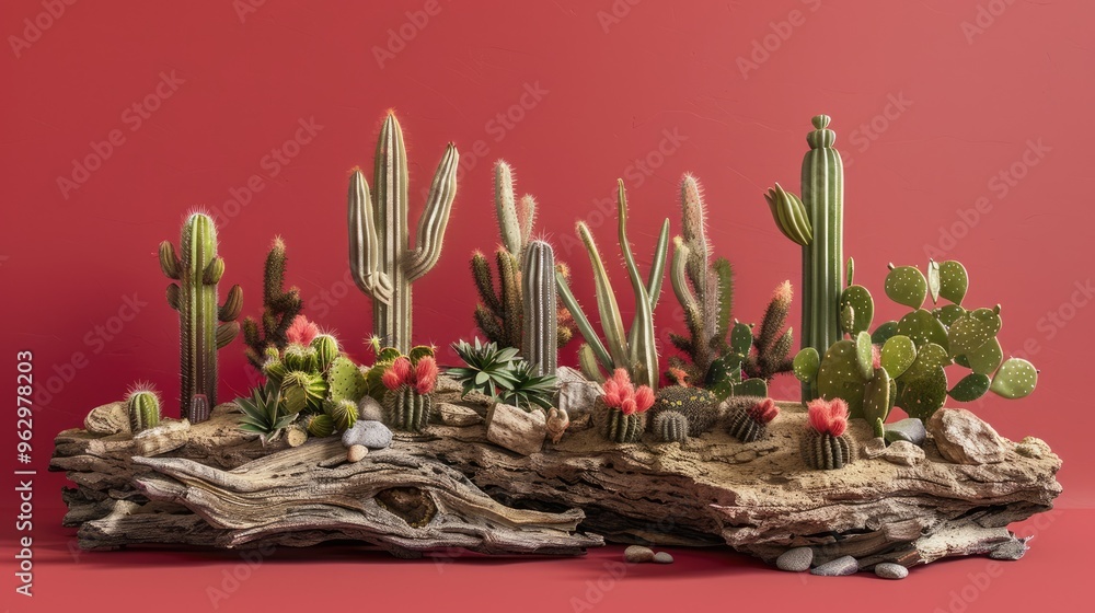 Canvas Prints Rock podium decorated with cacti, driftwood for product display, desert theme with red backdrop.