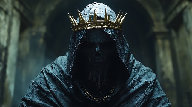 A hooded figure with a crown stands in a shadowy, ancient-looking room, a foreboding sense of power and mystery emanates from the figure.
