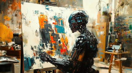 Cyborg artwork in art studio. Generative Art AI (Artificial Intelligence) replacing artist. Concept art illustration. Unemployed artists due to AI.