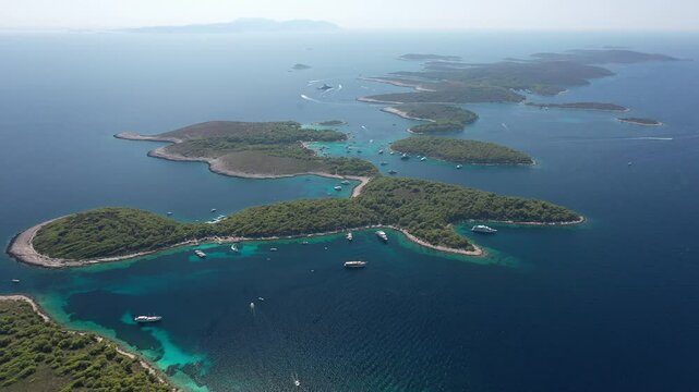 Stunning aerial drone view of Pakleni Otoci, Hvar, Croatia, Adriatic Sea