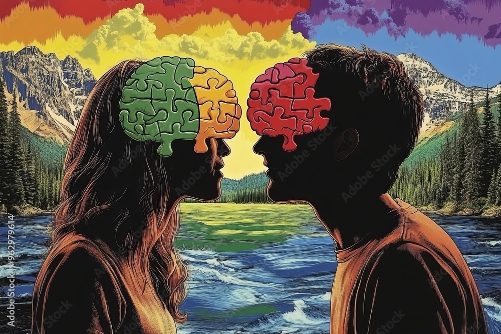 Poster neural dynamics cognitive capability couple standing in nature with heads full of puzzle pieces symb
