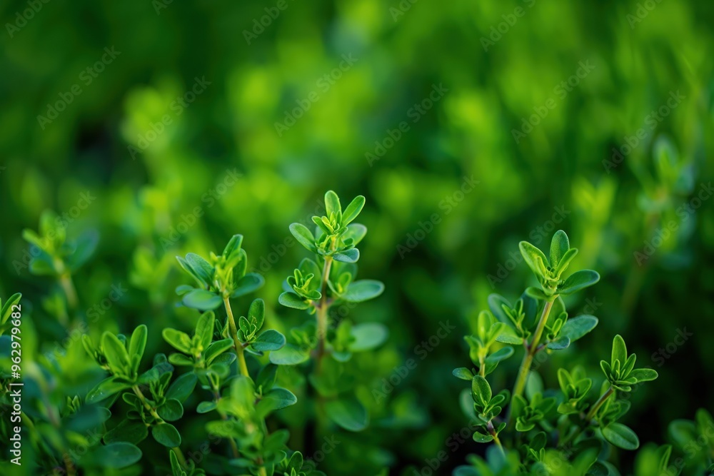 Poster green thyme plant close-up with blurred background. fresh herbs arranged to create depth and perspec