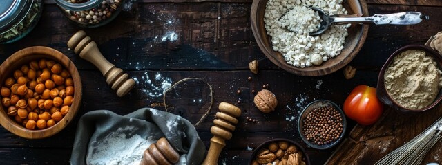 Rustic kitchen table with ingredients for baking