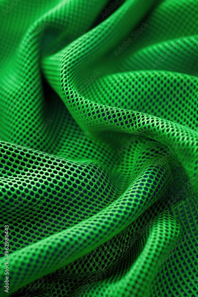 Poster Vibrant green fabric with textured surface shows small circular holes. Folded to emphasize pattern giving three-dimensional effect. Close-up view of unique jersey material with blurred background.