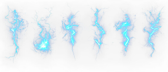 Collection blue lightning bolts isolate on transparent background, cutout, png