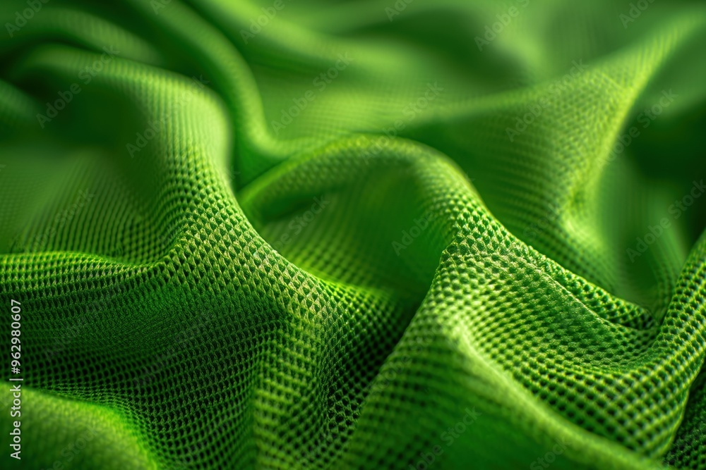 Aufkleber Close-up view of vibrant green fabric with grid-like pattern. Synthetic material possibly polyester with smooth shiny finish. Unique texture and intricate details visible from slightly elevated angle.