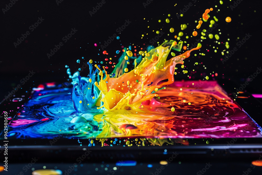 Poster splash of vibrant colors on a black tablet which is used to connect with the internet for communicat