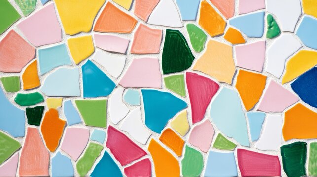 Top view of a mosaic made of small, colorful ceramic tiles arranged in an abstract pattern