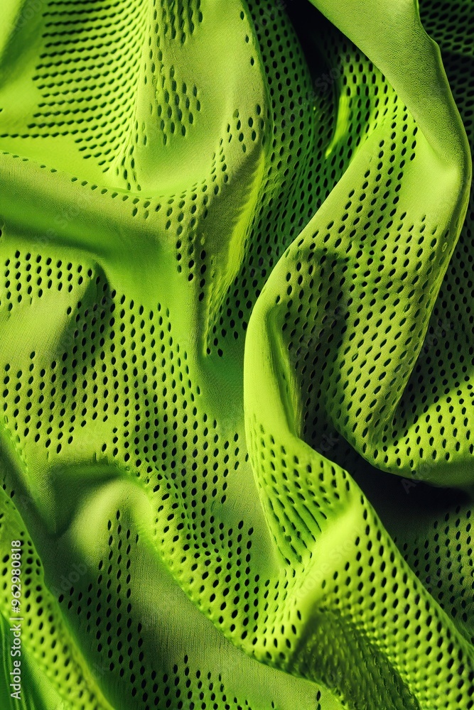 Poster close-up of green fabric with unique texture, small holes creating pattern. synthetic material possi