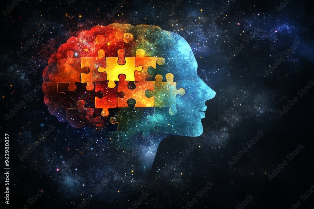 Poster neural prowess cognitive sharpness cosmic themed abstract illustration of a head filled with puzzle 