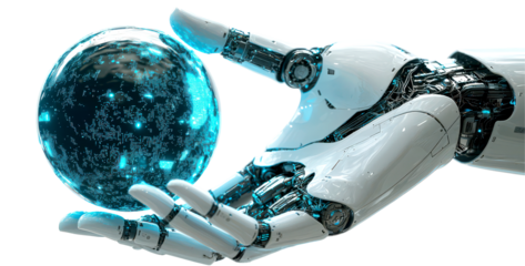 Futuristic robotic hand holding a glowing sphere isolate on transparent background, png, cutout