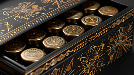 A close-up of a black box with gold accents, adorned with intricate patterns and designs. The box is open, revealing a collection of golden bottles, each topped with a detailed cap.
