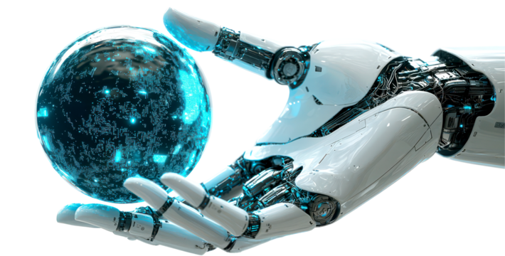 Futuristic robotic hand holding a glowing sphere isolate on transparent background, png, cutout