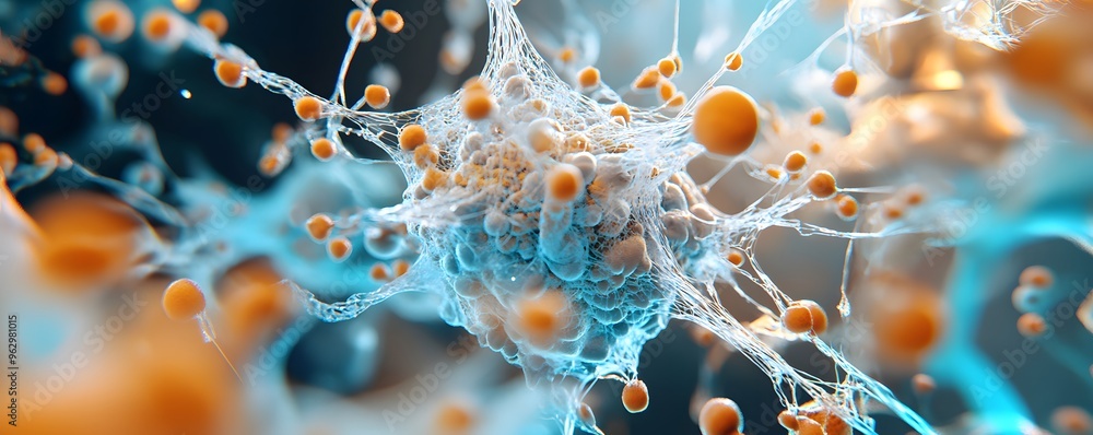 Poster abstract blue and orange cells connected by a web-like structure.