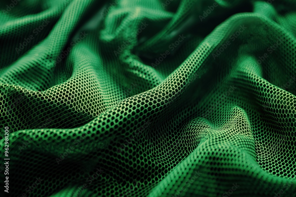 Poster close-up view of green sports fabric with textured pattern. bird eye view shows intricate holes and 