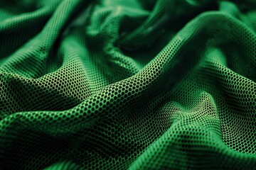 Close-up view of green sports fabric with textured pattern. Bird eye view shows intricate holes and...