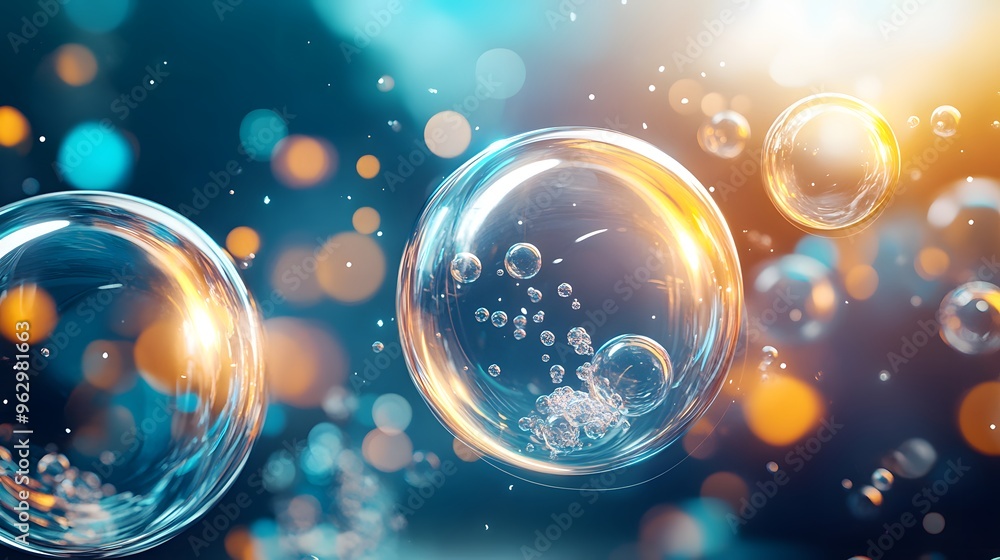 Poster abstract liquid bubbles with bokeh background.