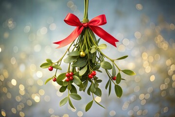 Festive mistlet red berries golden bokeh background red bow symbol of christmas season