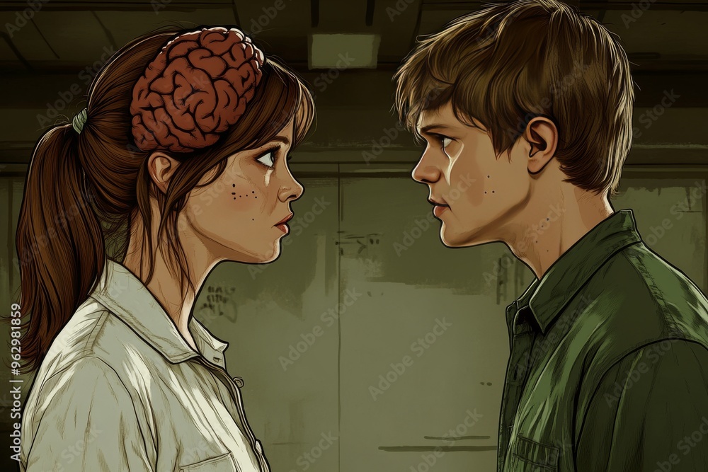 Poster cognitive force cognitive sharpness portrait of a man and woman facing each other with brain exposur
