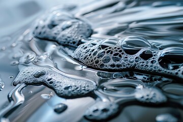 Water droplet suspended mid-air with blue color, white center and black rim. Foam soap bubbles surround it, creating movement. Light blue background provides contrast.