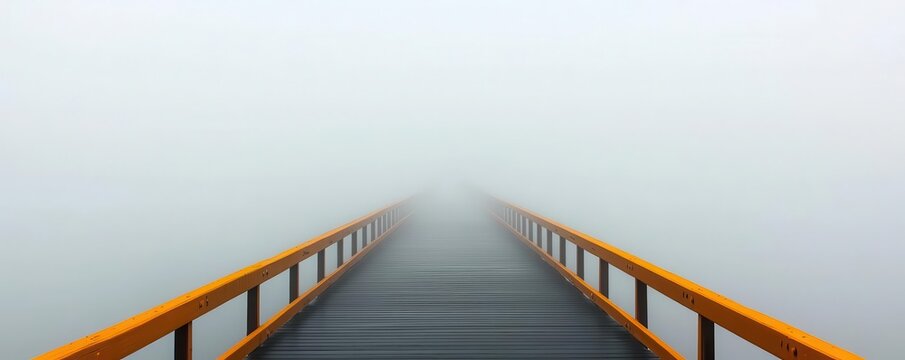A fogcovered bridge with no visible end in sight, uncertainty, crossing into the unknown