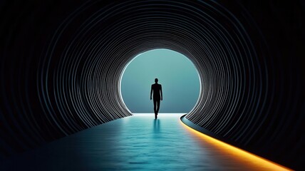 A figure walking into a tunnel where light fades into darkness, uncertainty, unknown future