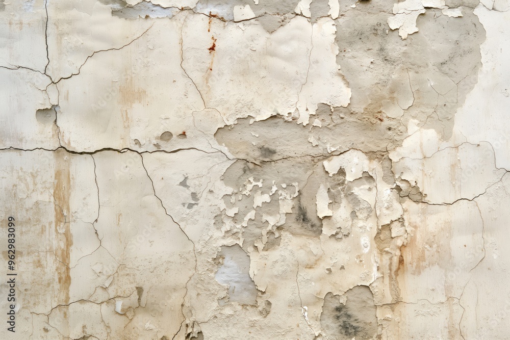 Poster weathered concrete wall with peeling paint showing gray brown colors. close-up view of old building 