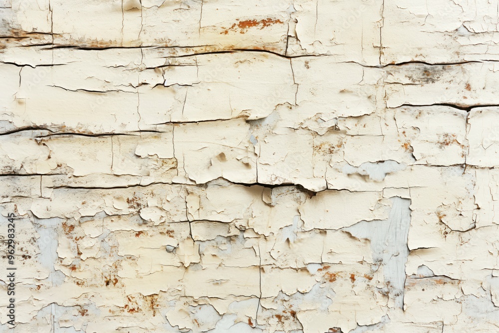 Aufkleber Weathered white wall with chipped paint, cracks, and peeling surface. Vertical and horizontal lines create rhythm. Orange and yellow patches add contrast. Elevated angle shows comprehensive view.