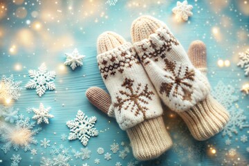 Cozy winter knitted mittens with snowflakes on snowy blue background