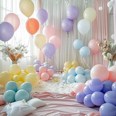 Room decorated with colorful balloons for party

