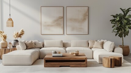 Modern cozy living room with neutral tones and decor