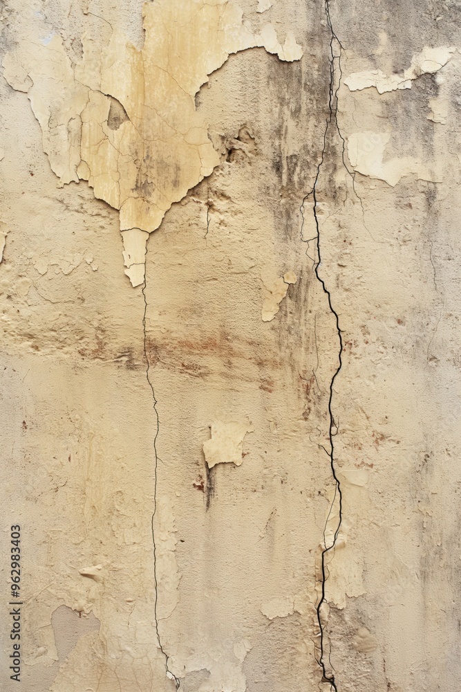 Poster weathered concrete wall with peeling paint cracks reveals underlying structure. old beige background