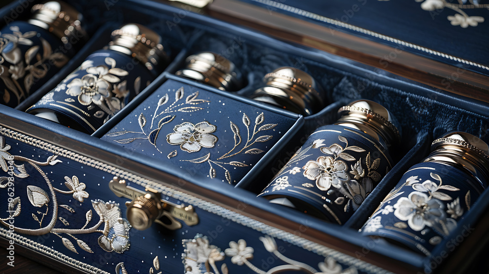 Wall mural A luxurious box with silver and gold detailing. This set of containers with intricate floral designs makes a beautiful decorative item or an elegant gift.