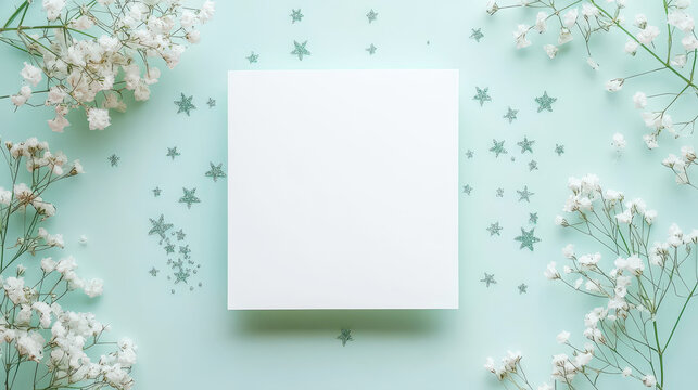 White card mockup invitation on pastel mint background, silver glowing stars. Party time. Generative AI