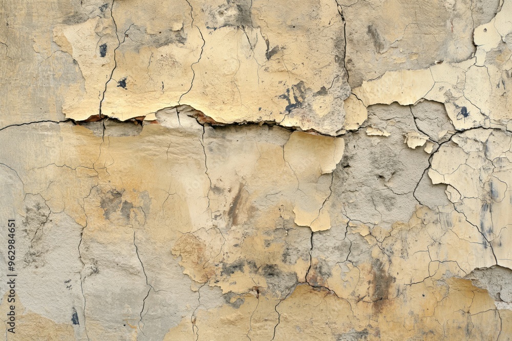 Poster weathered concrete wall with cracks and chips. paint peeling off revealing underlying surface. side 
