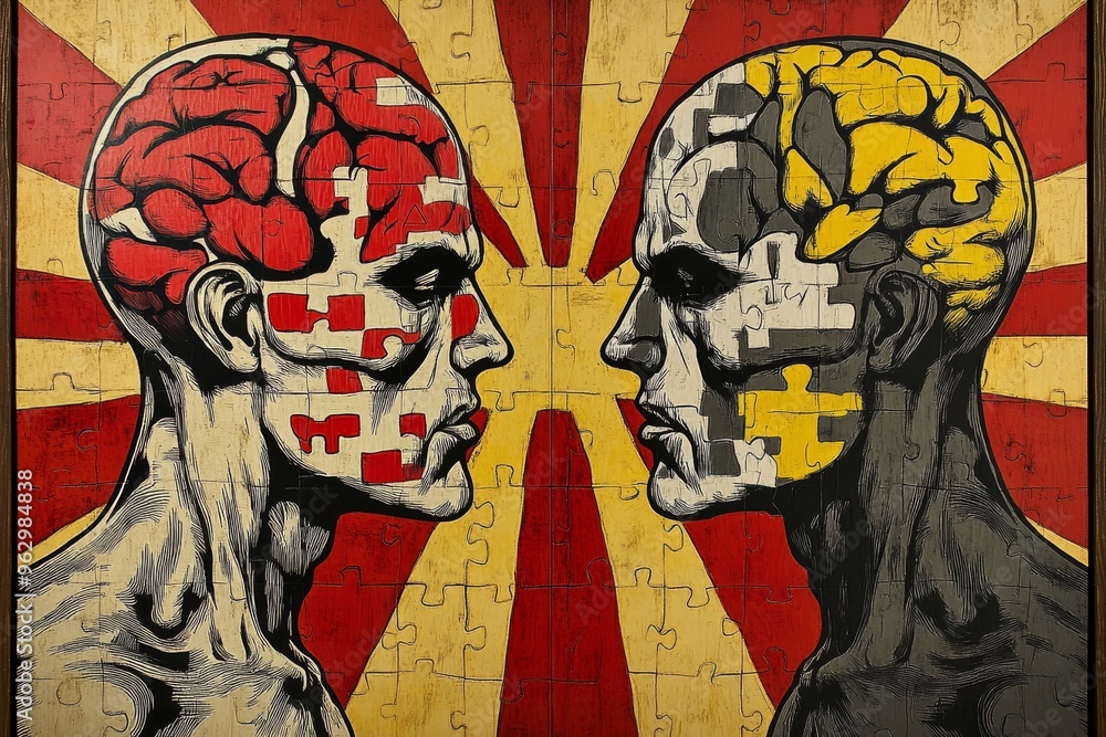 Poster neural dynamics cognitive sharpness retro comic style illustration of two skulls with exposed brains