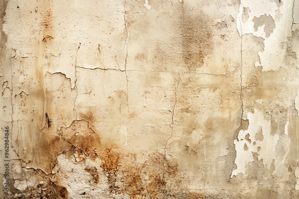 Poster weathered concrete wall with peeling paint showing rust spots. cracked and chipped surface with brow