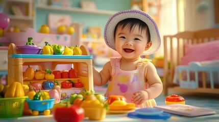 Fototapeta premium Playful Asian Baby Girl Enjoys Fruit and Vegetable Toys in Colorful Playroom During Sunny Afternoon