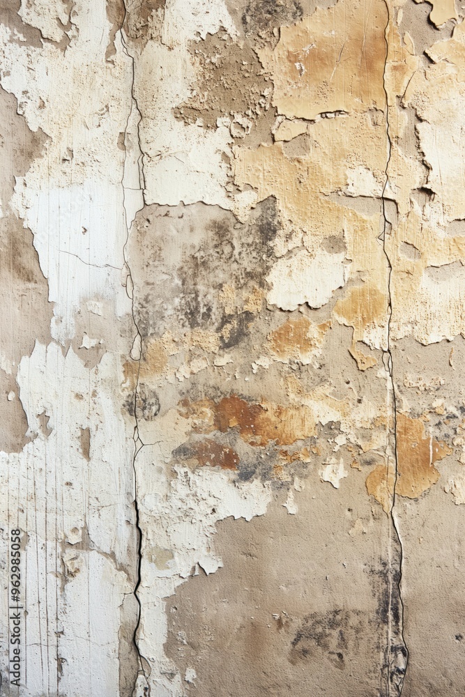 Poster weathered concrete wall with peeling paint showing cracks and holes. close-up view of old beige back