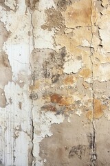 Weathered concrete wall with peeling paint showing cracks and holes. Close-up view of old beige background with orange and black patches adding contrast. Disrepair and decay evident on surface.