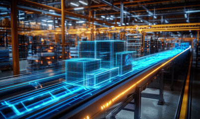 Fototapeta premium Futuristic Distribution Hub,glowing digital hologram depicting boxes on a conveyor belt in a warehouse, 